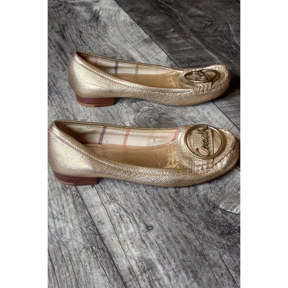 Coach Women's 5.5 Corena Metallic Gold Leather Loafers , Circular Coach Logo